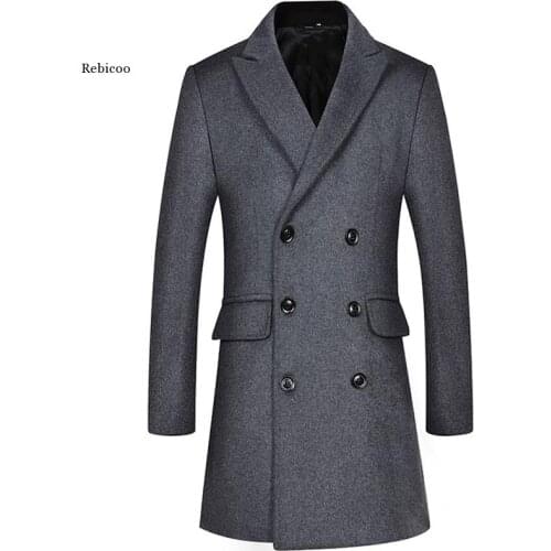 Winter 37% Wool Men Thick Coats Double Breasted Classic Turn Down Collar Male Fashion Wool Blend Jackets Trench