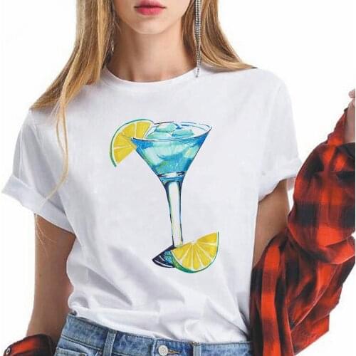 Soft High Quality Women T-shirt Top Happy Blue wine Printed Short Sleeve Exquisite Modern Valentines For Creative Shirt Femme