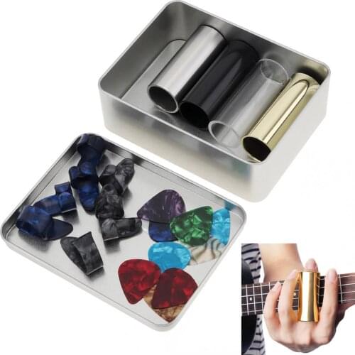 22pcs/lot Guitar Slide Picks Kit Stainless Steel Slides Thumb Finger Celluloid Guitar Picks with Box for Electric Guitars