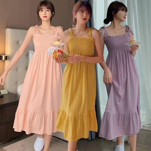 100% Cotton Sexy Lingerie Spaghetti Strap Long Dress Nightgowns for Women Summer Students Nightdress Sleepwear Home Dress Nighty