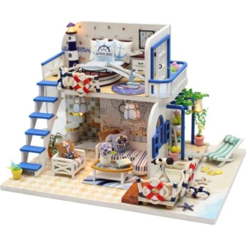 New Sandy Beach Wooden Miniature Diy DollHouse Furniture Doll House maison Model Building Kits casa Toys For Kids Xmas Gifts