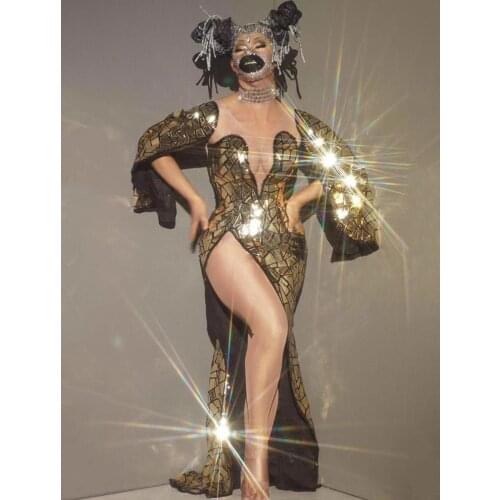 New Stage Costume For Singers Women Mirror Dress Sexy Slit Nude Mesh Party Prom Birthday Long Dress Nightclub Rave Outfit Wear