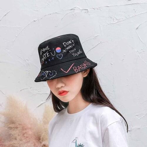 Womail Fisherman Hat Unisex Adult Graffiti Printed Double-sided Sun Protect Hat Outdoor Outdoor Activities Sun Bucket Hat