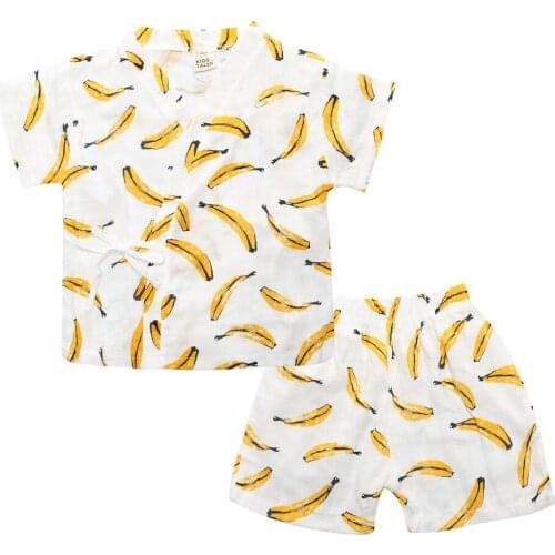 Cute Summer Children Pajamas Suit Short Sleeve + Short Pant Breathable Cotton Gauze Pajama Boy Girl Home Clothing Sleepwears Set