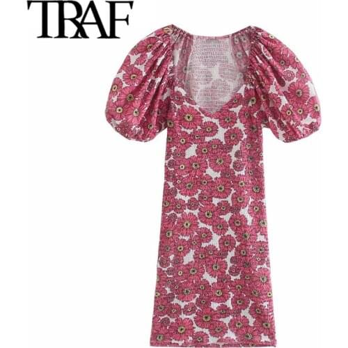 TRAF Women Fashion Floral Print Smocked Elastic Mini Dress Vintage V Neck Lantern Sleeve Female Dresses Vestidos Mujer