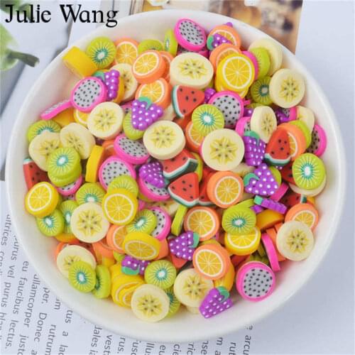 Julie Wang 40PCS Resin Artificial Fruit Slice Charms Slime Polymer Clay Banana Grape Orange Jewelry Making Accessory Table Props