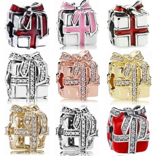 DIY Charms Red Sparkling All Wrapped Up Surprise Bow Gift Box 925 Sterling Silver Beads Fit Pandora Bracelet Jewelry
