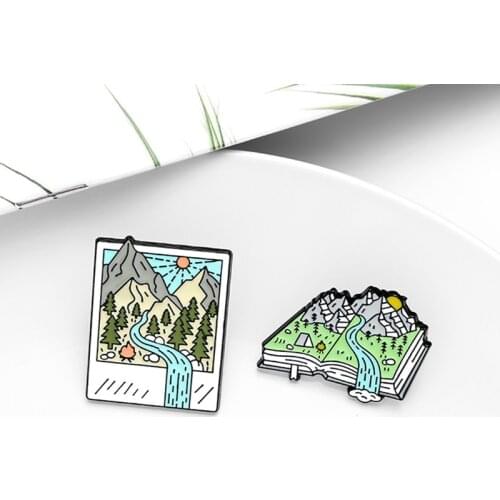 Camping Enamel Pin Custom Mountain Forest Photo Picture Book Brooch Bag Clothes Lapel Pins Badge Jewelry Gift for Friends