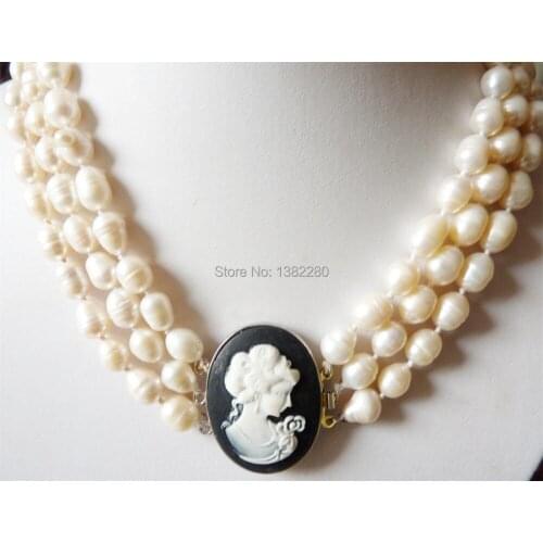 Popular 2015 Beautiful girl! 3 rows 8-9MM white Baroque Pearl carved Necklace 17-19" JT5084