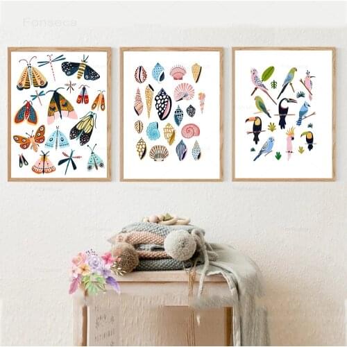 Tropical Bird Sea Animls Poster Shells Moth Nordic Prints Canvas Painting Insect Wall Pictures for Living Room Home Decoration