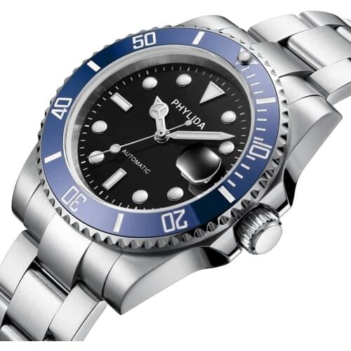 PHYLIDA Luxury mens watchBlue SUB 10Bar 40mm Black Dial Diver Watch Automatic MIYOTA Movement Sapphire Crystal Stainless Steel