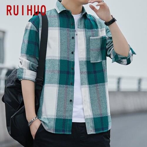 RUIHUO Plaid Casual Shirts For Men Clothing Plaid Shirt Men Long Sleeve Plaid Shirt For Men Fasion M-5XL 2021 New Arrival