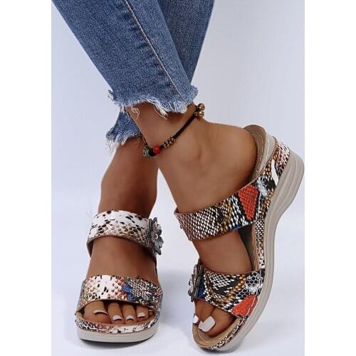 New Snakeskin Leopard Fashion Summer Autumn Womens Sandals Slippers Wedges 6.5cm High Heel Thick Platform Outdoor Shoes 2021