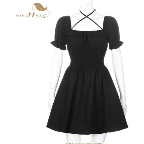 SISHION Retro Sexy Short Mini Little Black Dress VD2109 Square Neck Princess Elastic Waist Gothic Dress