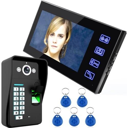 Touch Key 7" Lcd Fingerprint Recognition Video Door Phone Intercom System IR Camera HD 1000 TV Line 5pcs RFID Proximity ID Card
