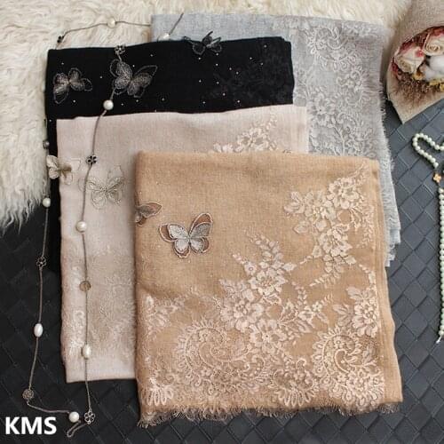KMS Scarf Shawl Hijab Women Luxury Scarves Wool Lace Stitching Three-dimensional Butterfly Hollow Wool autumn and winter shawl