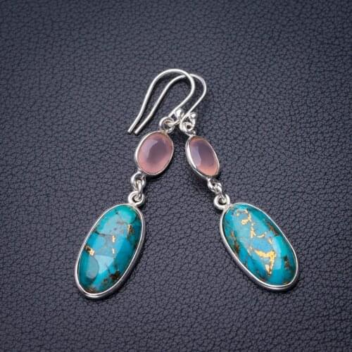 StarGems Natural Copper Turquoise And Rose Quartz Handmade 925 Sterling Silver Earrings 2" D7084