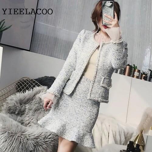 Light Blue Tweed Jacket + Skirt Suit Spring / Autumn / Winter Womens Suit Fashion 2 Sets Of Woolen Fishtail Skirt Suit