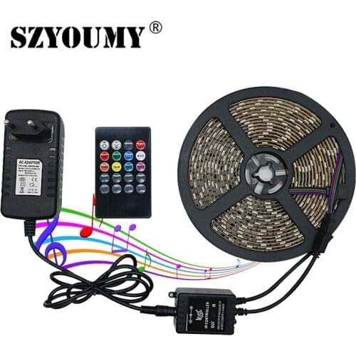 SZYOUMY 5M RGB Led Strip Light Waterproof SMD 5050 2835 Flexible Diode Tape LED Strip With Music Remote Control+DC 12V Adapter