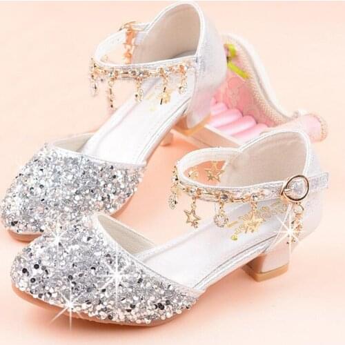 Flower Children Rhinestone Princess Dress Shoes For Girls Silver High Heels Model Show Crystal Single Shoes 6 8 10 14 16 Years