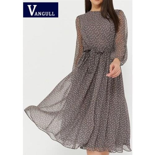 Vangull Polka Dot A-line Dress Women Spring Summer O-neck Long Sleeve High Waist Lace-up Vintage Fashion Female Mid Length Dress