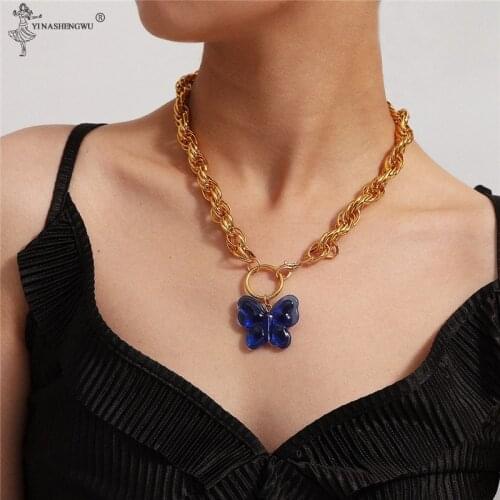 Hip Hop Culture Style Geometric Twist Chain Blue Big Butterfly Necklace Women Butterfly Charm Necklace Jewelry Accessories Gift