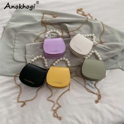 Pearl Chain Letter Print Solid Color Women Casual Mini Saddle Bag Fashion One Shoulder Bag