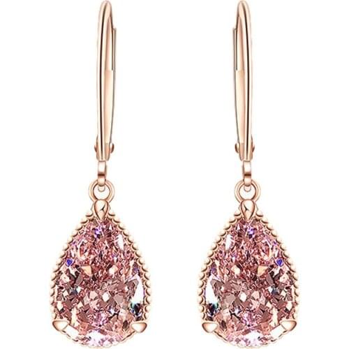 Womens Pendant Earrings Water Drop Pink Zircon Wedding Engagement Bride Jewelry Hanging Earrings Fashion Womens Jewelry