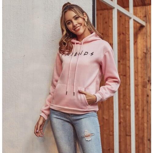 Womens Hoodies for Autumn Winter Sweet Casual Fashion Loose Top Front Pocket Friends Letter Print Knitted Sweatshirt with Hood