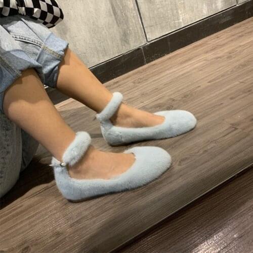 Women quality real fur flat shoes ladies slip on natural mink fur flats shoes