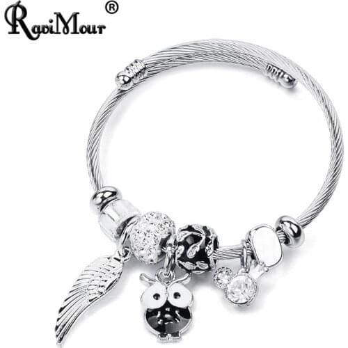 RAVIMOUR Stainless Steel Bangles for Women Jewelry Ethinic Animal Owl Feather Charm Bracelets Femme Fashion DIY Accessories 2018