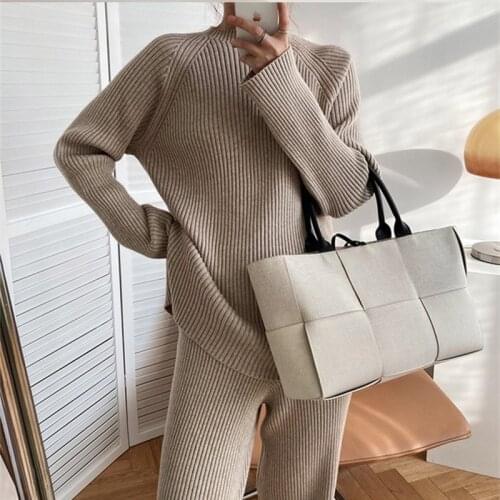 2021 Autumn Winter 2 Pieces Women Sets Knitted Tracksuit O-Neck Split Sweater Pullover & Wide Leg Jogging Pants Suits Female
