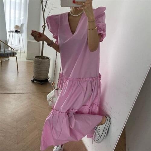 2021 V-neck spring and summer loose puff sleeve dress women