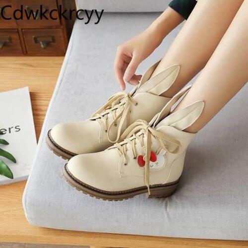 Winter The New fashion Thick bottom lovely rabbit ear Martin boots black Beige student Casual High heels Women boots size 34-43