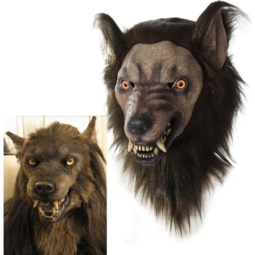 2021 Wolf Head Animal Latex Wolf Head Horror Mask Headgear Brown Hair Halloween Cosplay Masks Adult Props