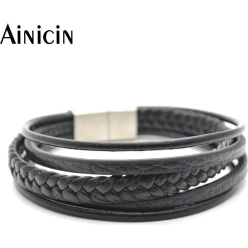 5pcs Genuine Leather Multi-layer Mens Bracelets 316L Stainless Steel Magnet Claps Bangles Gift
