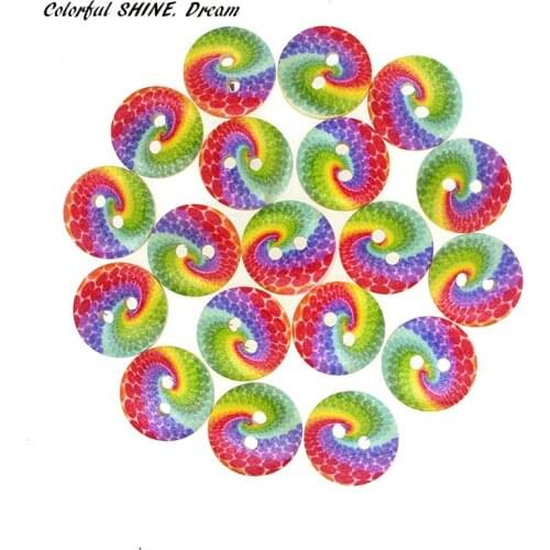 50PCs Wholesale Natural Wooden Buttons Round Rotating Rainbow Design Scrapbooking Sewing Accessories DIY Craft 2 Holes 15mm Dia