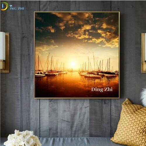 5D Diy Diamond Painting Nature Landscape Sunset Full Diamond Embroidery Boats In The Port Seascape Picture Rhinestone Mosaic Kit