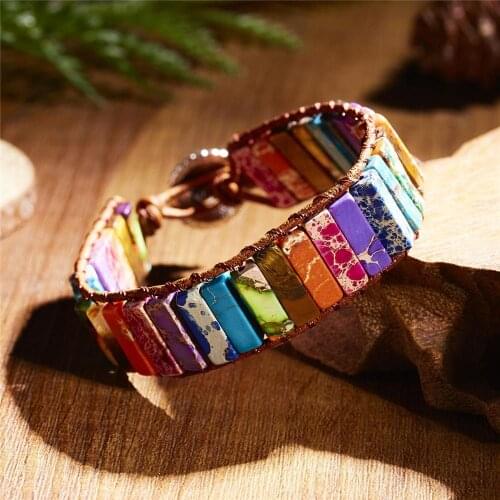 6pcs 7 Chakra Jewelry HandWork Multicolour Natural Emperor Stone Tube Beads Leather Wrap Bracelet Couples Creative Gifts Free