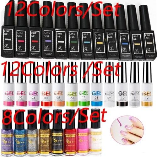8/12pc/set Pull Line Gel No Smell With Brush Nail Polish Kits || UV-LED DIY with Gel Paint Design Nail Art Wire Drawing Gel fo