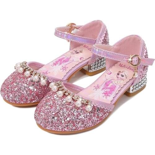 Girls Princess Elsa Sandals High Heels Children Party Wedding Shoes With Rhinestone Sequined Bling Kids Sandals Soft Glitter