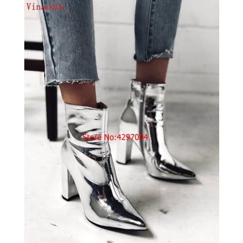 Silver Metallic Silver Mirror Patent Leather Ankle Boots High Heels Women Winter Shoes Female Pointed Toe Woman Spring Boots