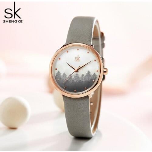 Elegant Ladies Watch Rosegold Small watch Grey Leather Strap Mountain Forest Design Women Watches Fashion Gift for Women