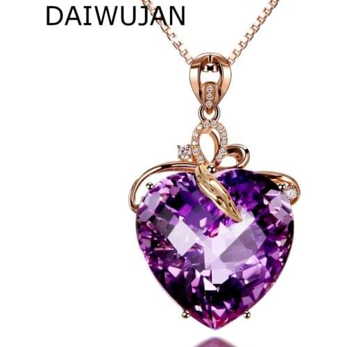 DAIWUJAN Luxury Heart Shaped Purple Crystal Pendant Necklace Rose Gold Love Zircon Rhinestone Charm Necklace Party Jewelry Gift