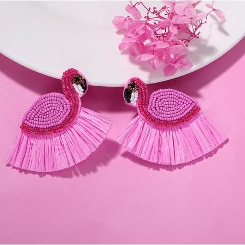 Dvacaman New Bohemian Handmade Beaded Stud Earrings For Women Pink Flamingo Raffia Beads Tassel Earrings Statement Jewelry Gifts