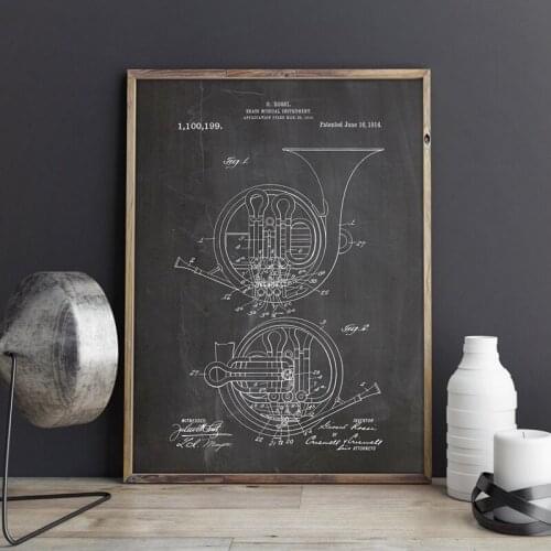 French Horn Patent Instrument Art Prints Poster Room Wall Decor Vintage Blueprint Canvas Painting Musician Gift Music Decoration