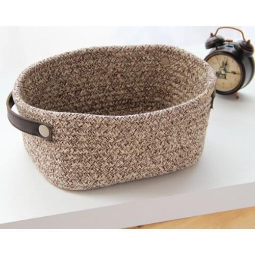 Hand Woven Cotton Rope Basket with Leather Handles Sundries Storage Container Baskets for Jewelry Key Wallet Holder