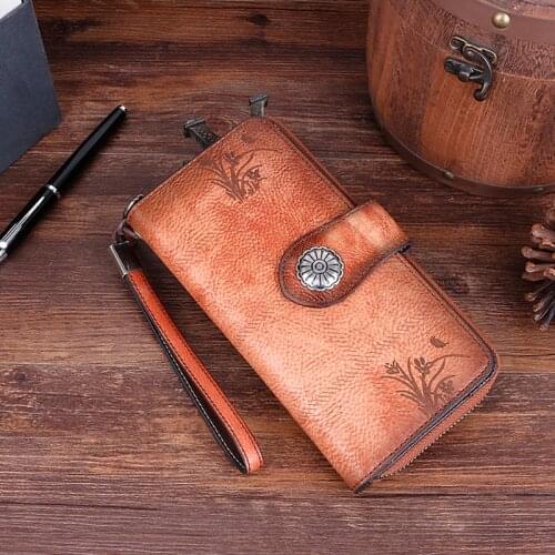 Genuine Leather Women Wallet ID/Credit Cards Holder Handy Bag Multi-Purpose Printing Retro Female Wrist Clutch Bags Long Purse