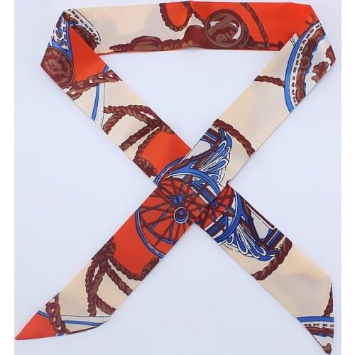 Luna&Dolphin Women Narrow Long Scarf 100x6cm Chic Letter Print Paisley Vintage Twill Satin Silk Feeling Bag Ribbon Headbands