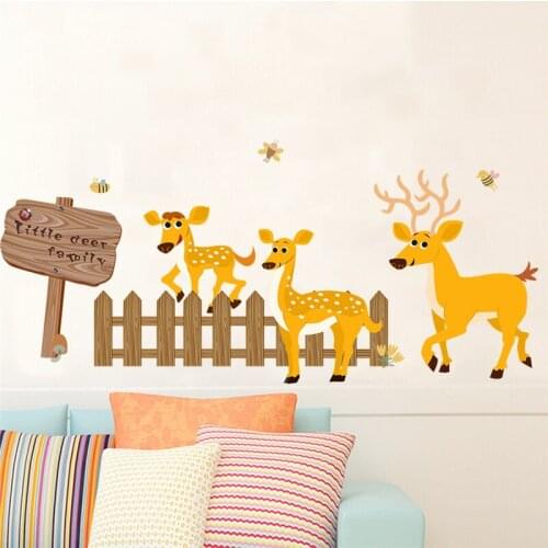 Cute Deers Family Farm Fence Wall Stickers For Kis Room Baseboard Decoration Cartoon Animals Mural Art Diy Nursey Home Decals